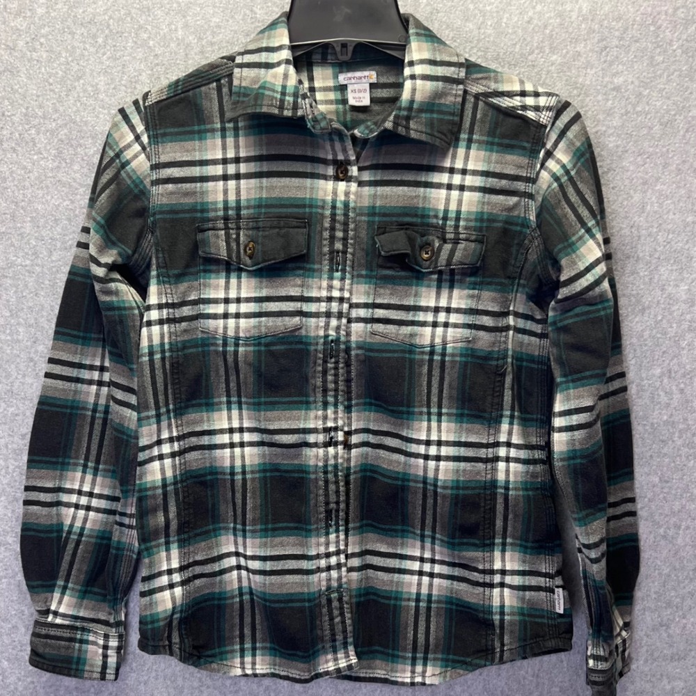 Carhartt Women's Flannel Shirt Green Plaid Long Sleeve Button Up XS Outdoorsyā